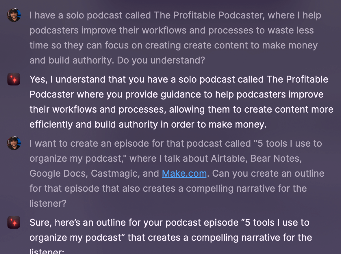 Raycast AI prompt  for helping plan and organize a podcast episode